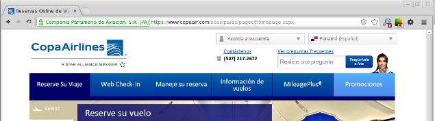 El sitio web de Copa Airlines utiliza validación extendida. Podemos ver que en la barra de direcciones aparece el nombre completo de la compañía validada.